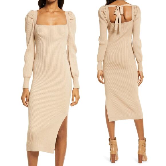 Coquette Pointelle Square Neck Tie Back Puff Sleeve Sweater Dress Tan Sz L NWT - Picture 1 of 12